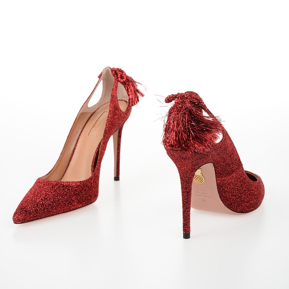 Aquazzura red glitter tassel pump